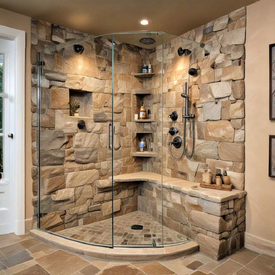 rustic stone corner shower