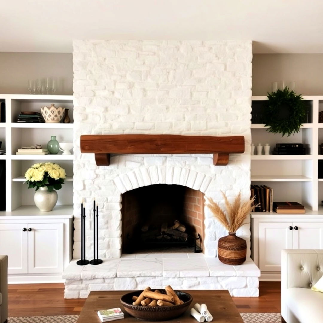 rustic white stone fireplace with exposed beam mantel