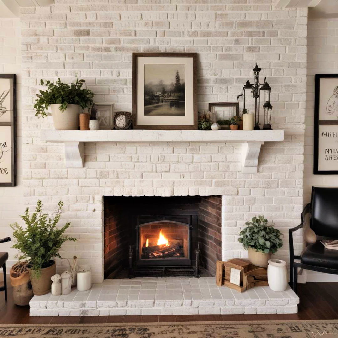 rustic whitewashed brick fireplace