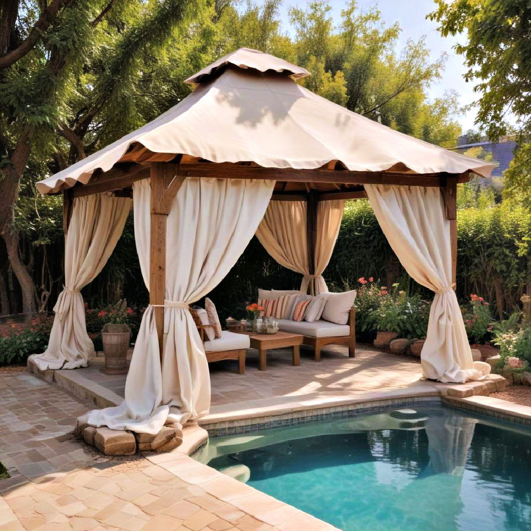 rustic wooden gazebo with curtains