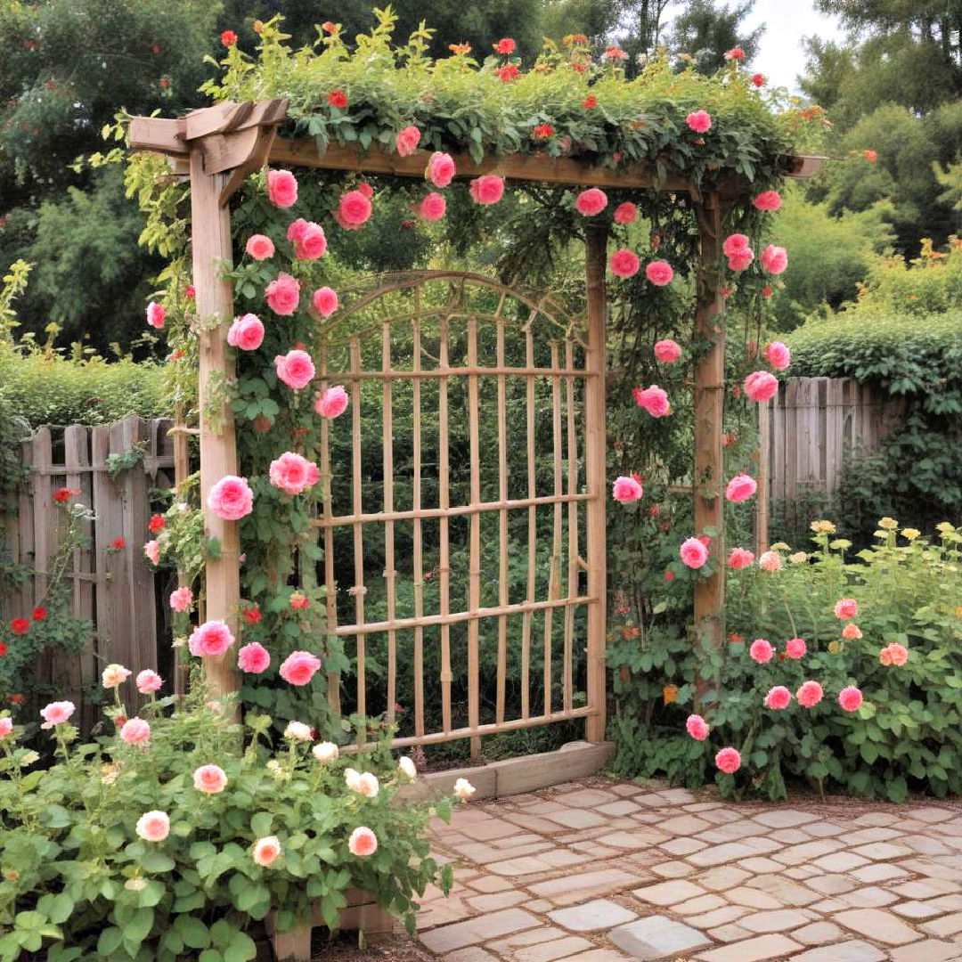 rustic wooden trellis with climbing roses