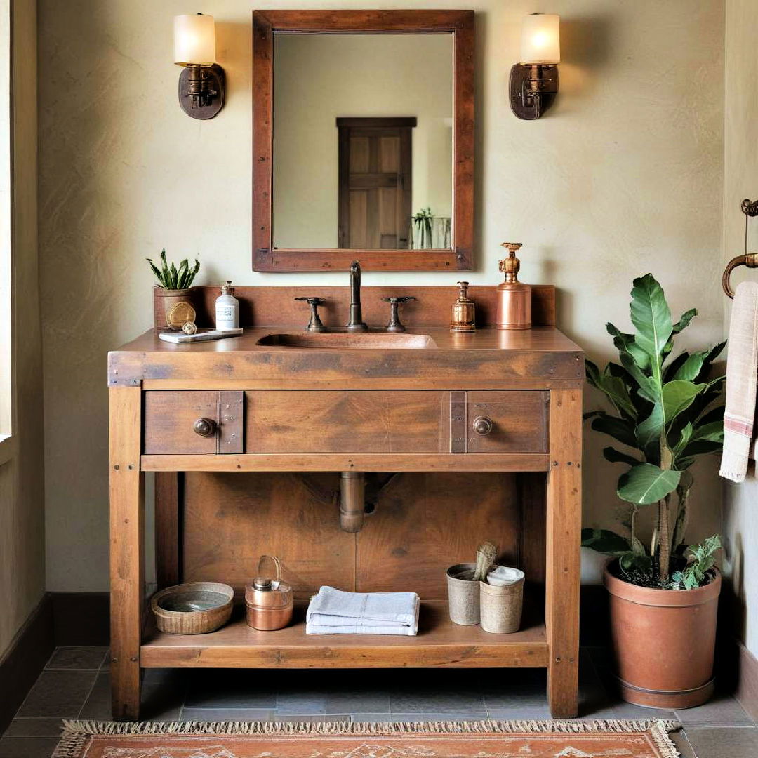 rustic wooden vanity with copper sink