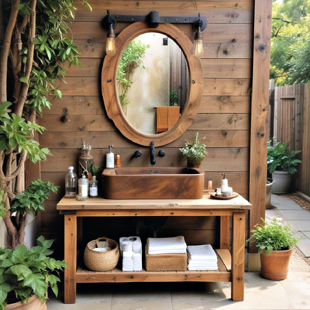 rustic wooden vanity with vintage fixtures