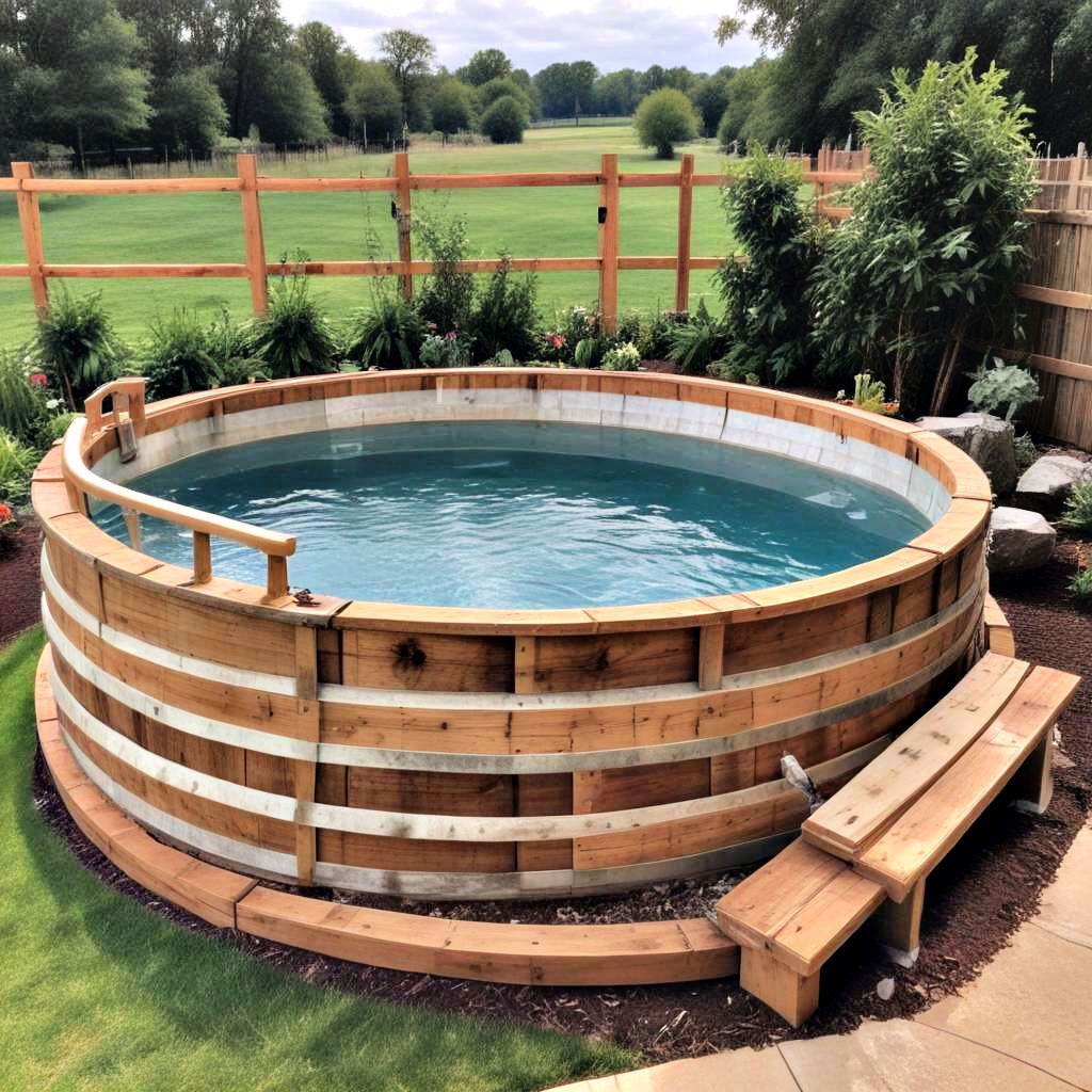 rustic wooden wrapped stock tank pool