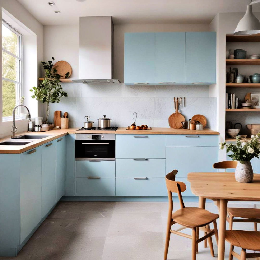 scandinavian inspired light blue cabinets