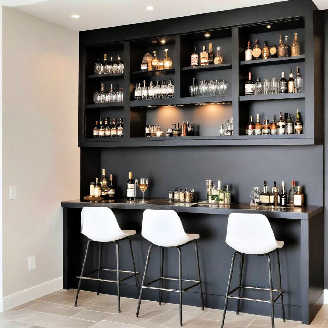 sleek home bar with dark tones