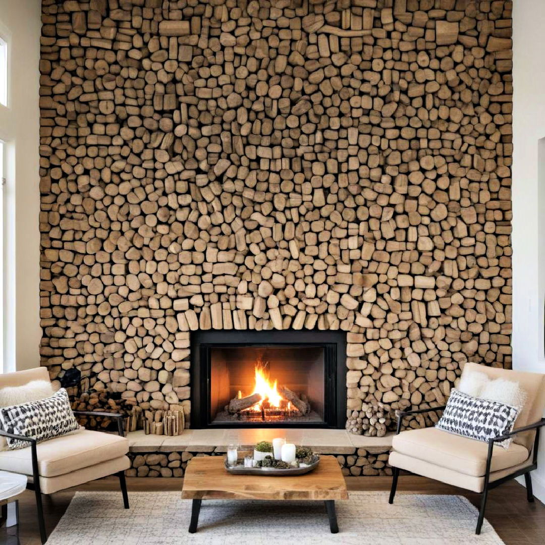 stacked log fireplace wall