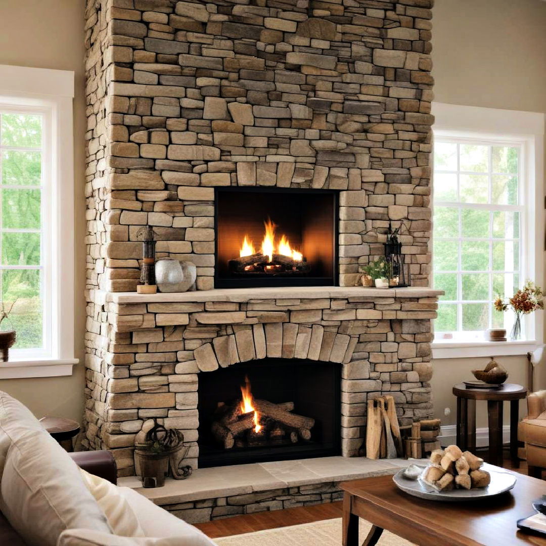 stacked stone fireplace