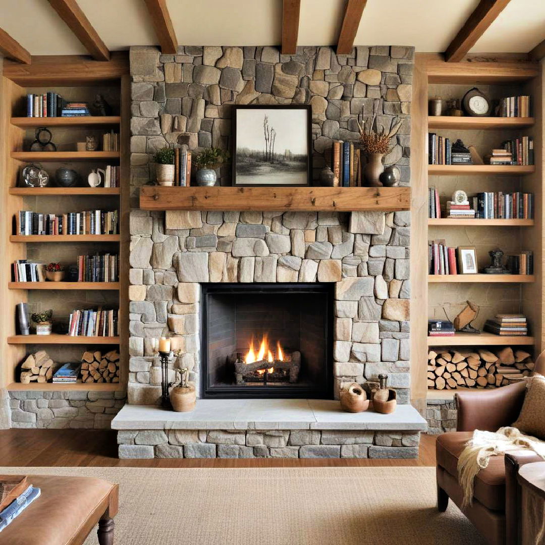 stone fireplace with built in bookshelves