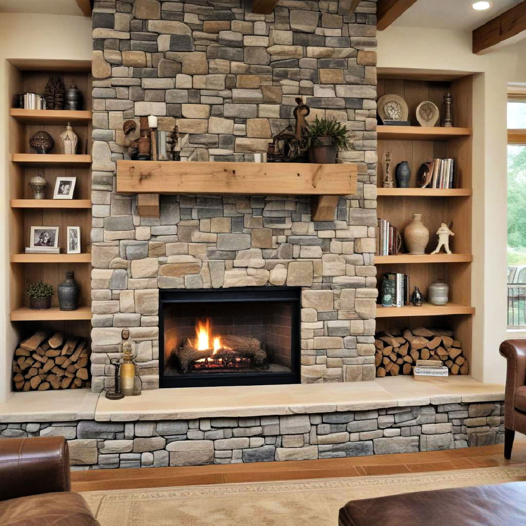 stone fireplace with built in shelving