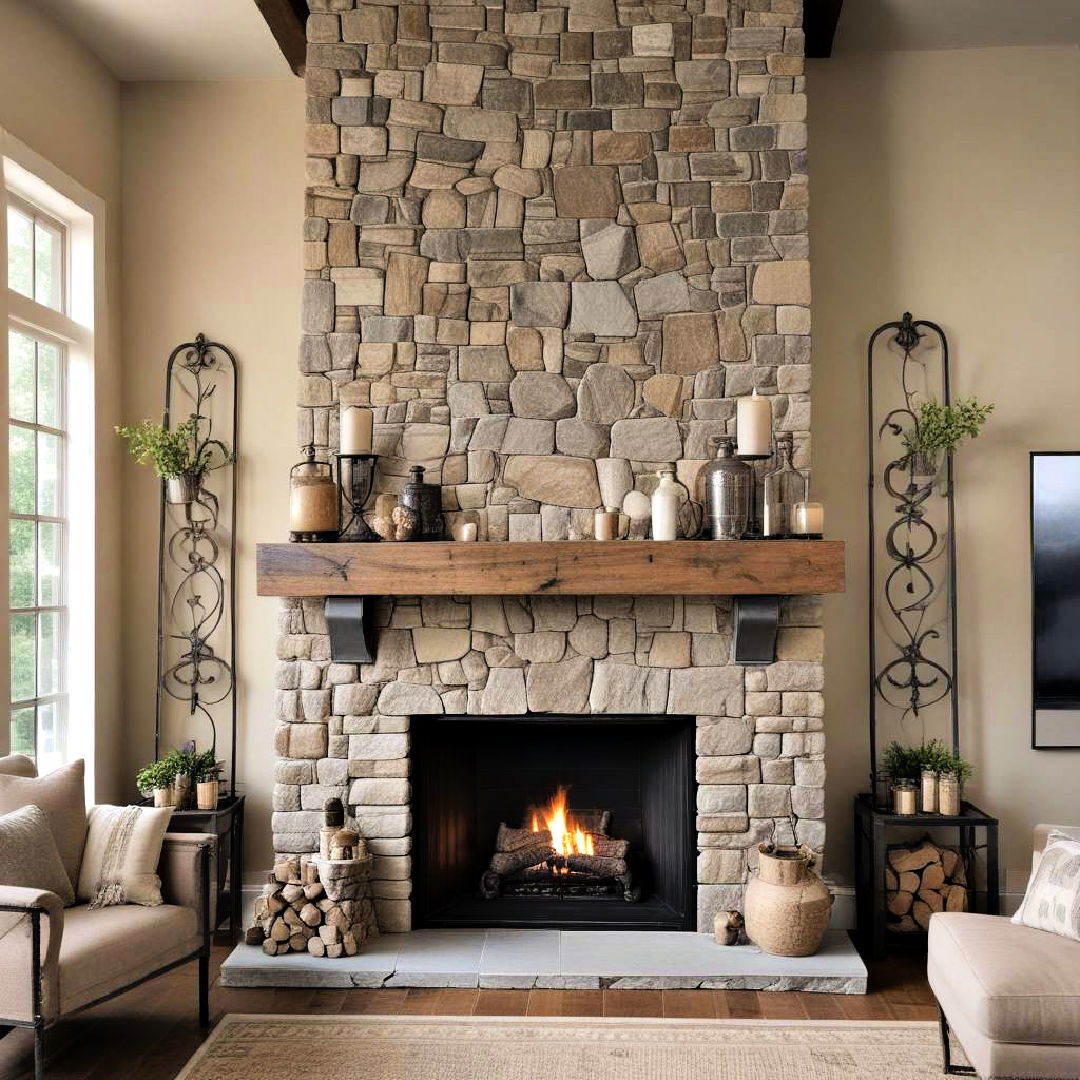 stone fireplace with iron details