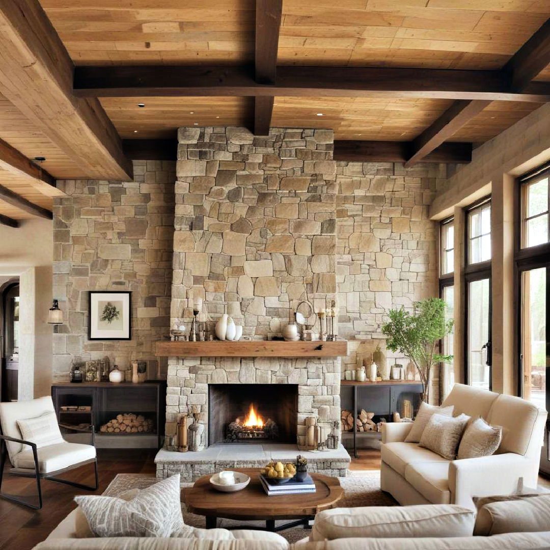 stone fireplace with timber lined ceiling