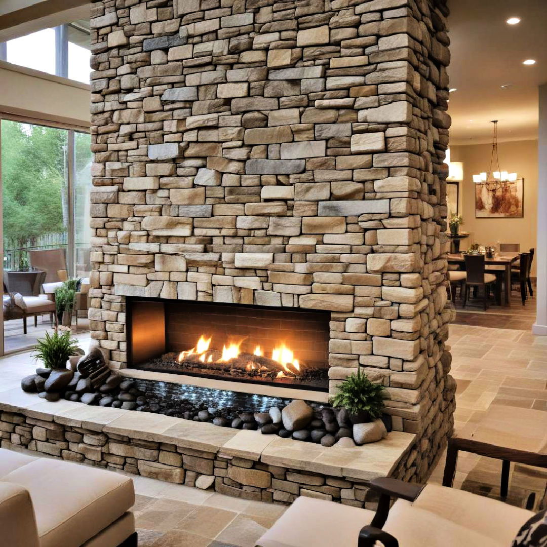 stone fireplace with water feature