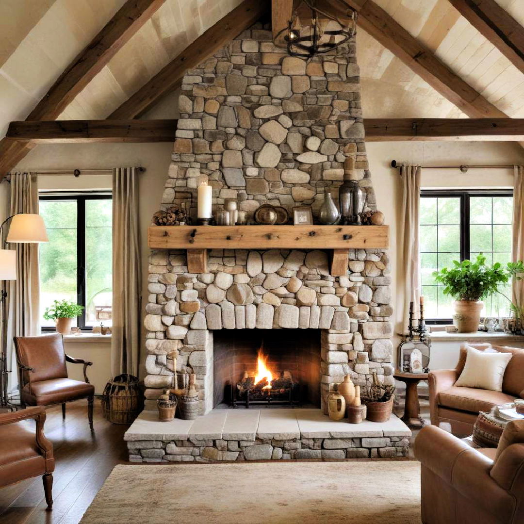 stone hearth with exposed beams