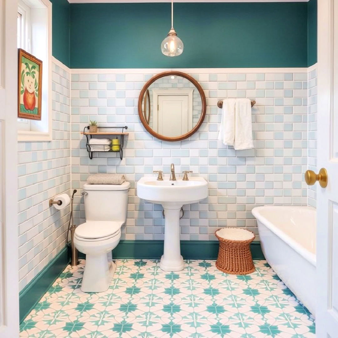 teal and white patterned floor tiles