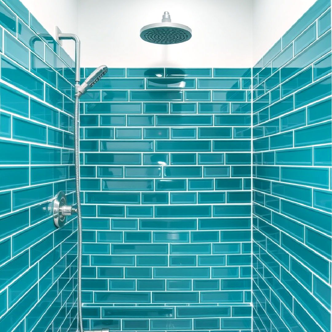 teal shower tiles for a statement feature