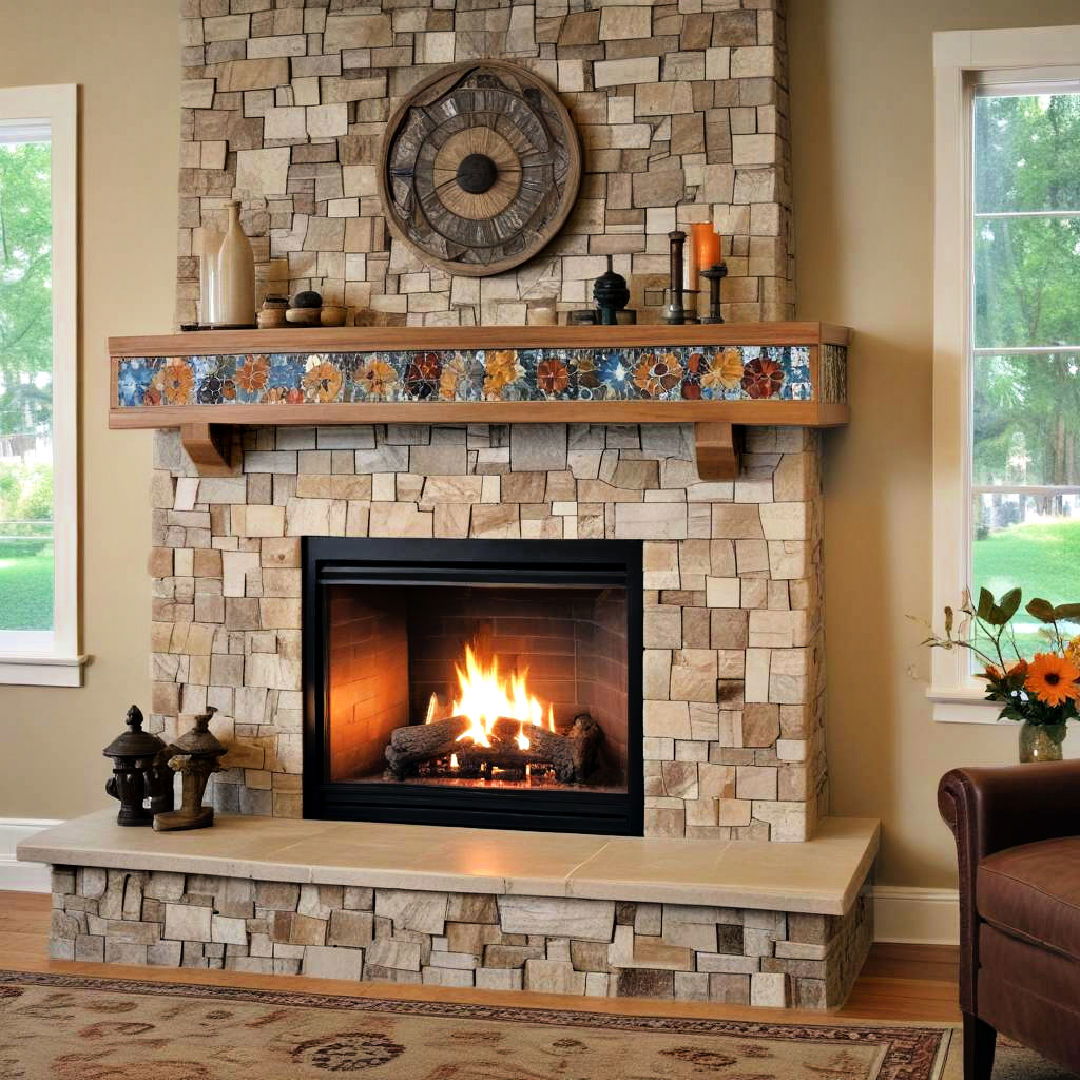 tone fireplace with mosaic tile inlay