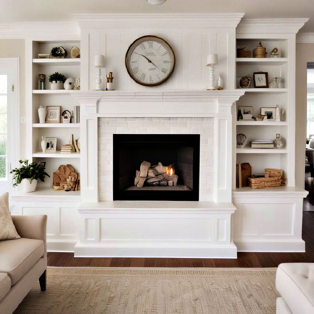 traditional white mantel with built in shelving