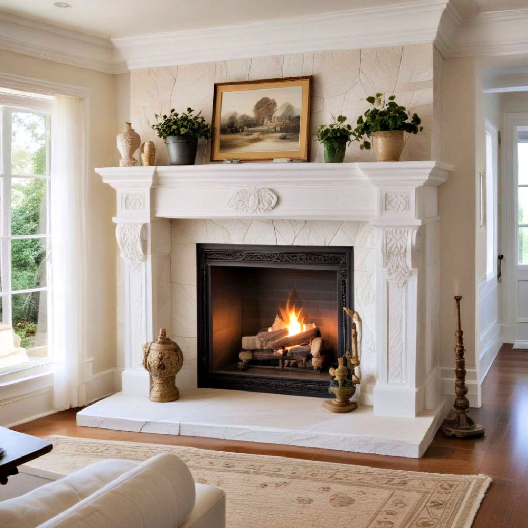 traditional white stone fireplace with carved details