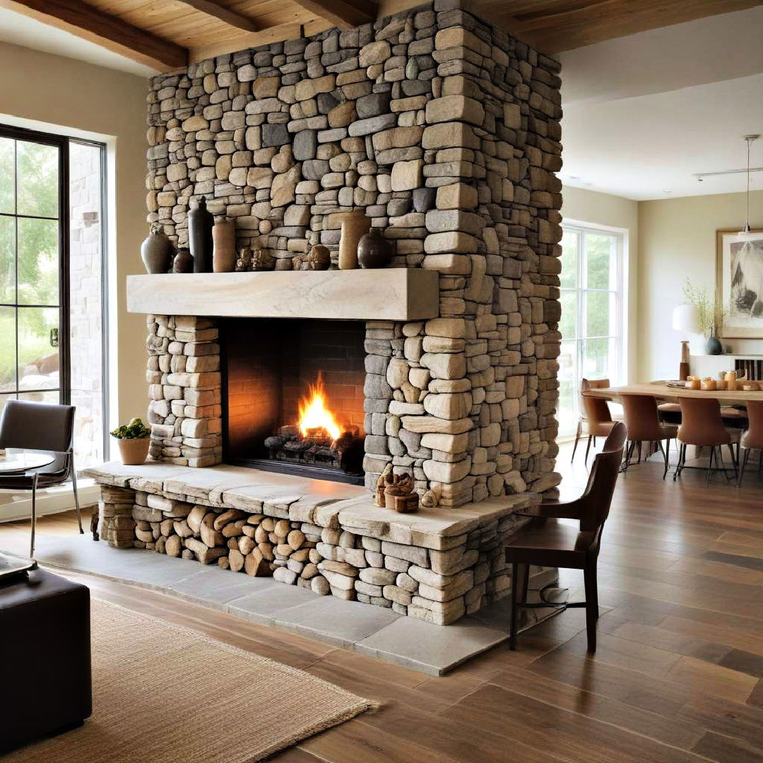 two sided stone fireplace