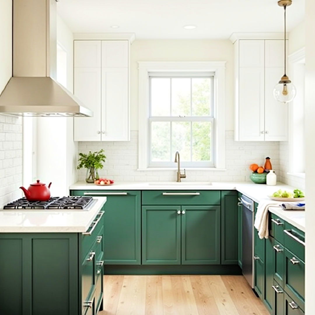 two tone cabinets with dark green and white