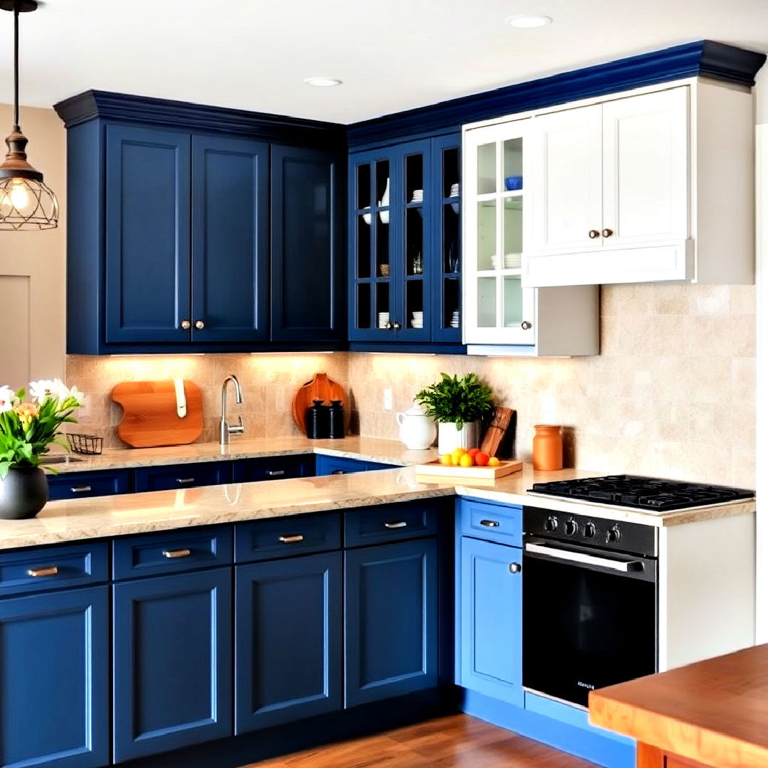 two toned blue and white cabinets for a balanced look