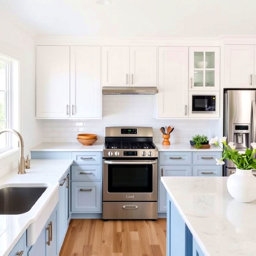 two toned light blue and white cabinetry