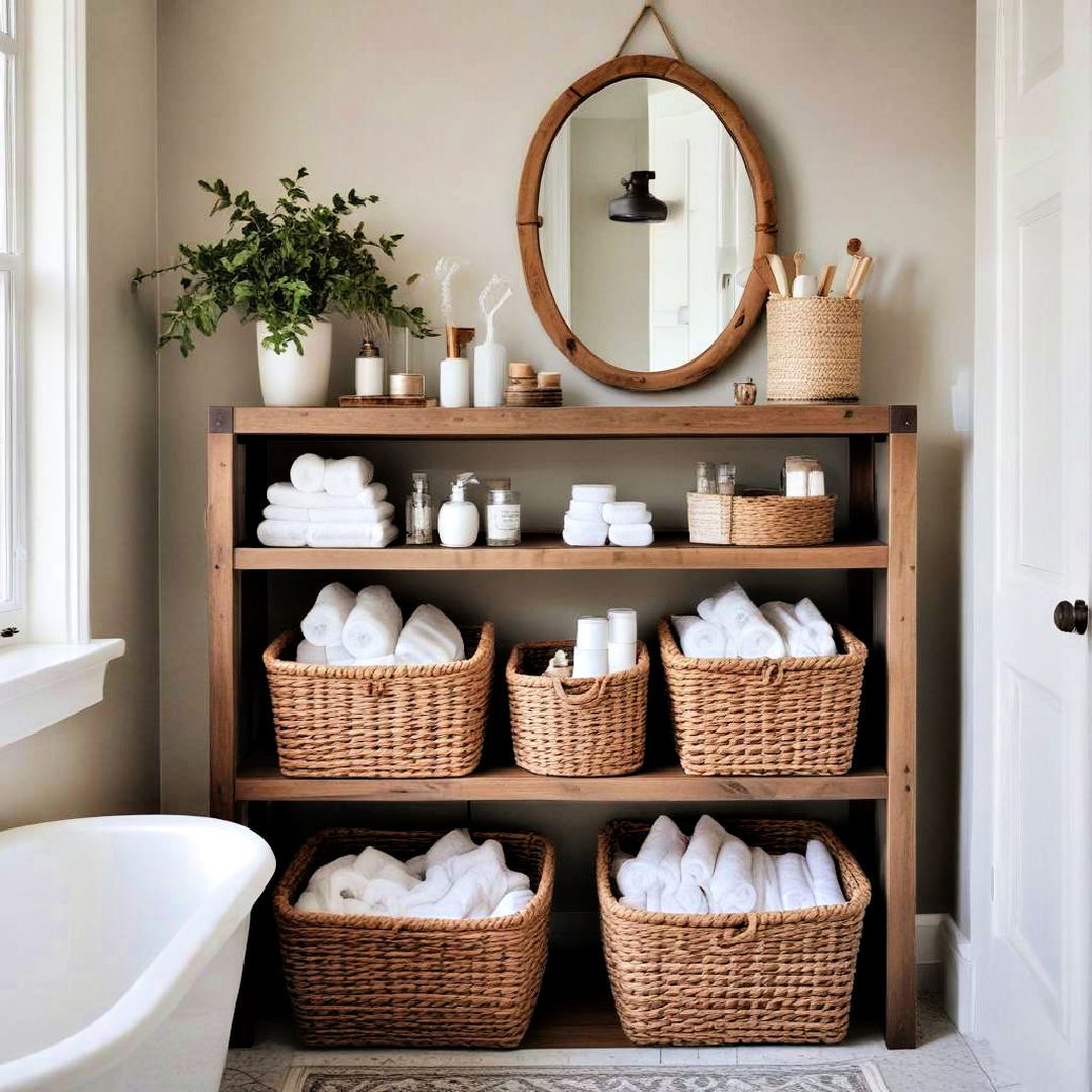 use wicker or woven baskets for storage