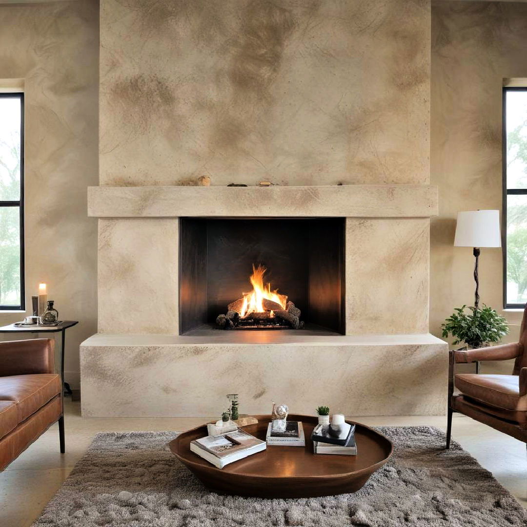 venetian plaster fireplace with stone accents