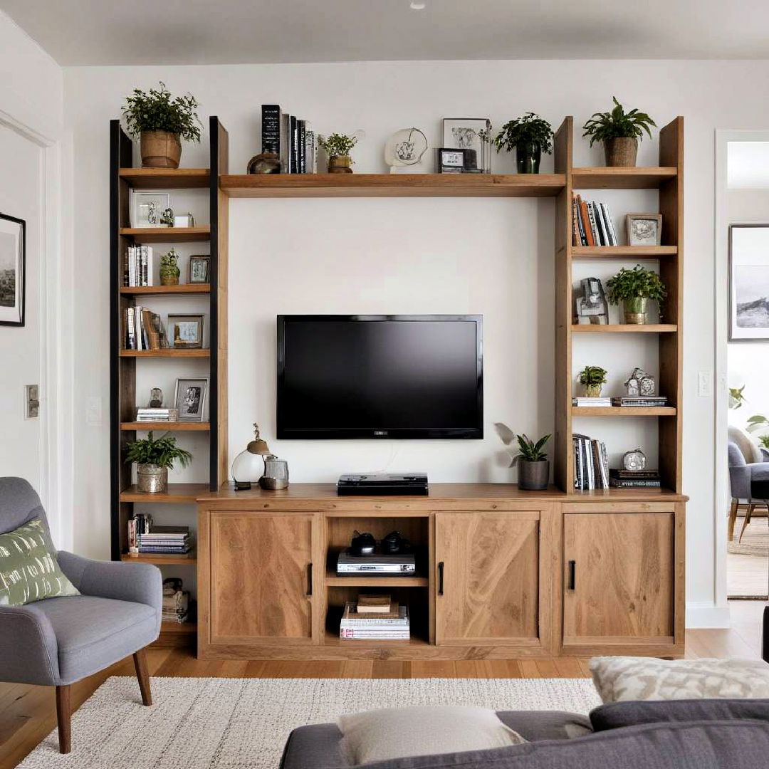 vertical shelving beside the tv