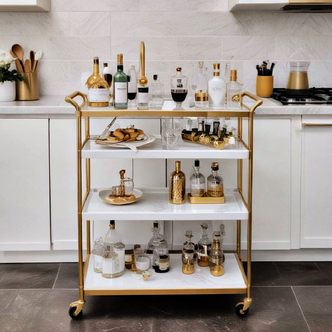 white and gold bar cart in the kitchen