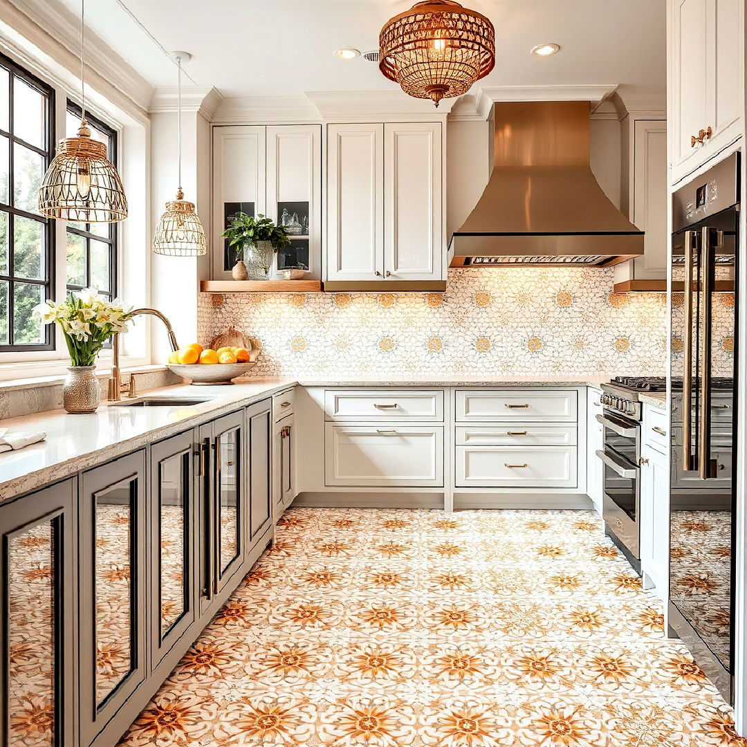 white and gold mosaic tile flooring