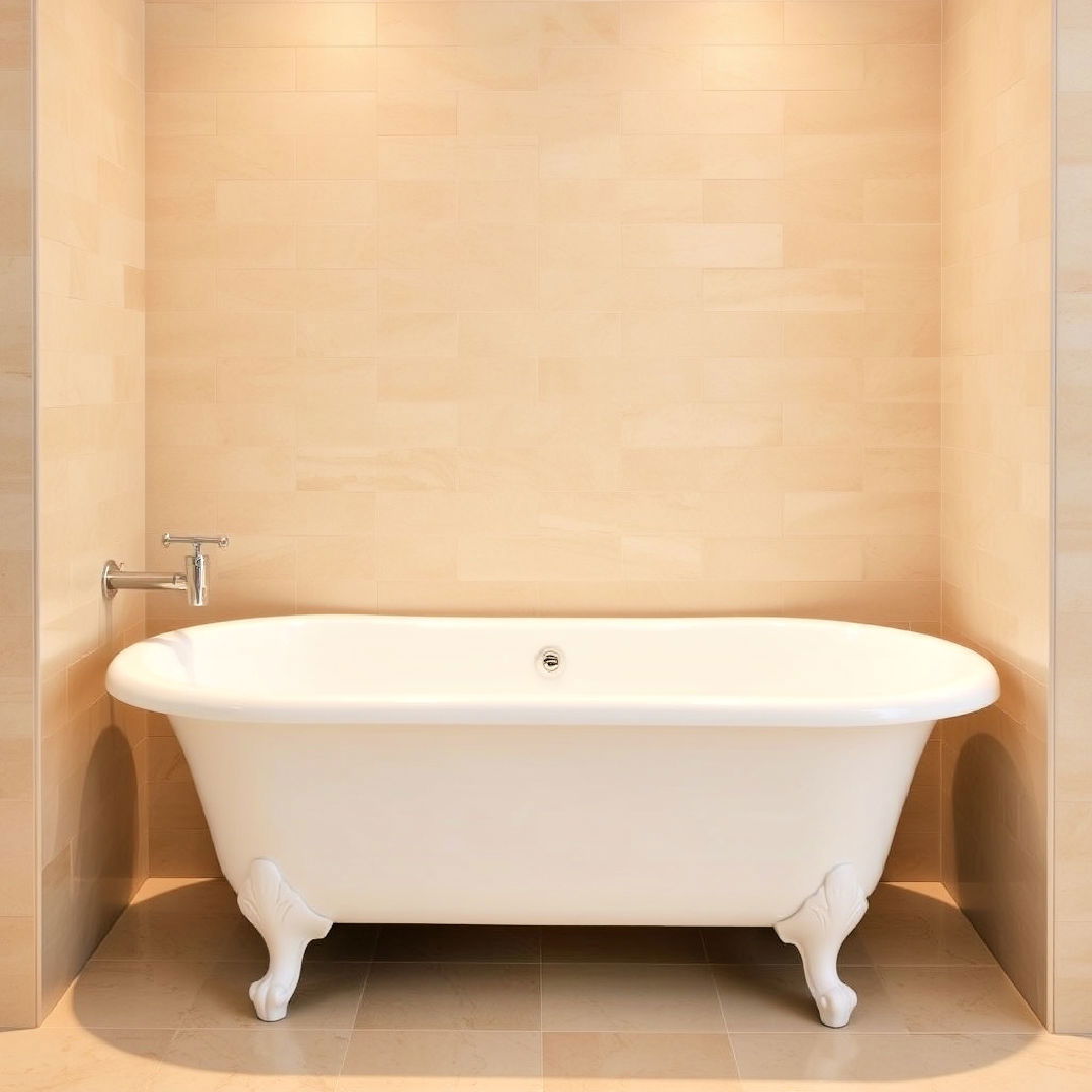 white bathtub with beige tiled surround