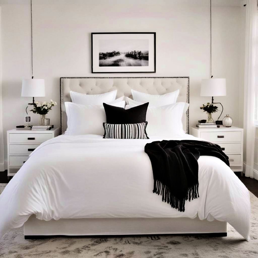 white bedding with black accents