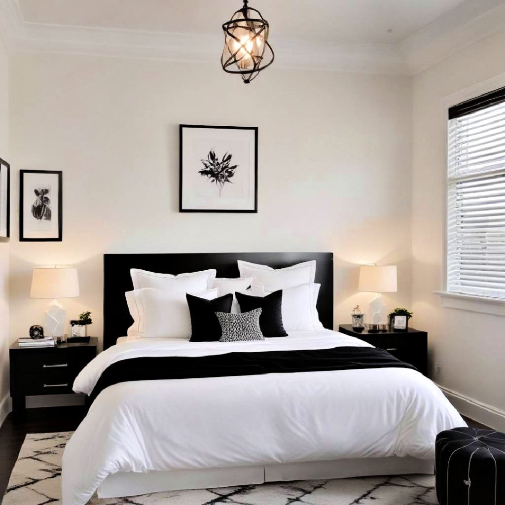 white bedroom with black furniture