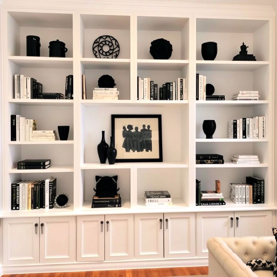 white bookshelves with black accents