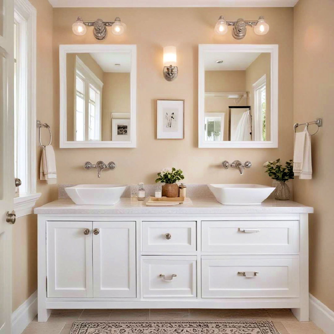 white cabinetry with beige wall paint