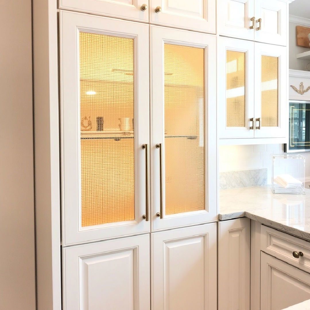 white cabinets with gold mesh inserts