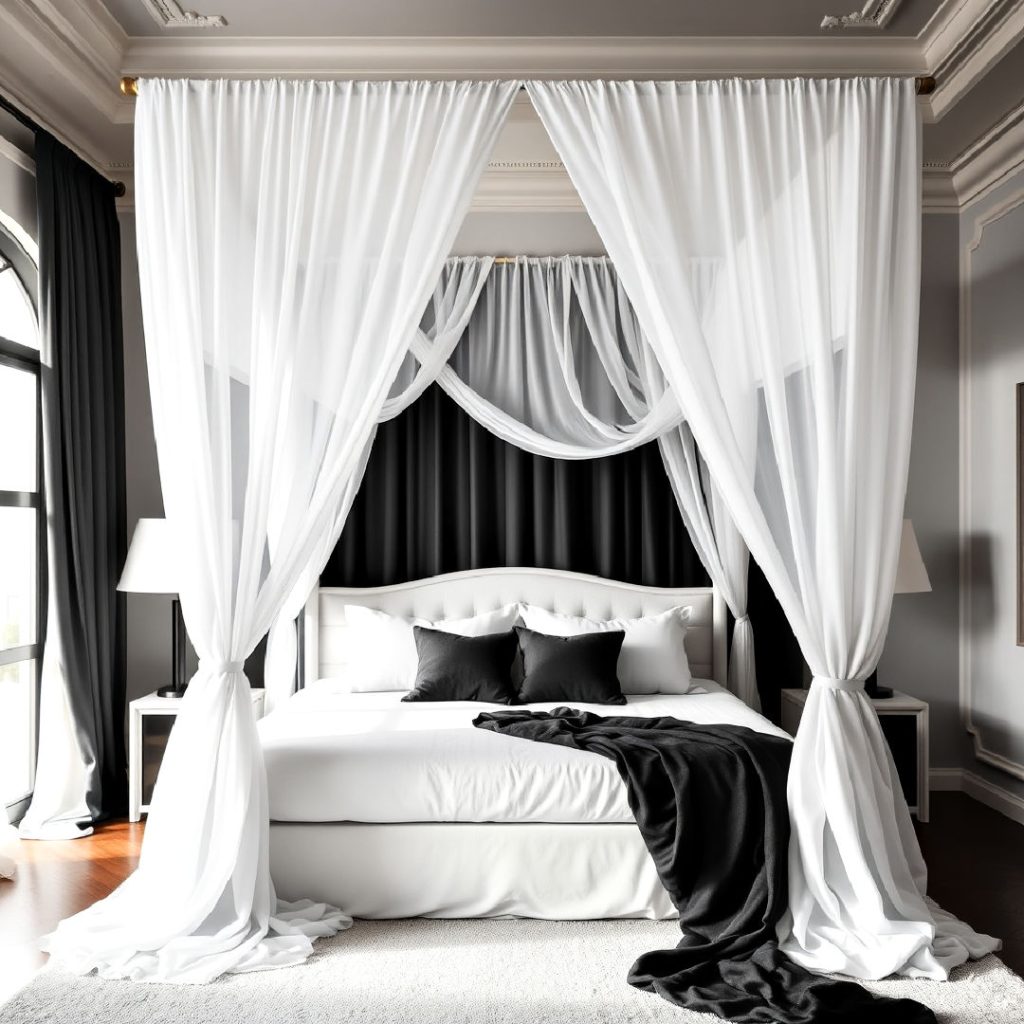 white canopy bed with black drapes