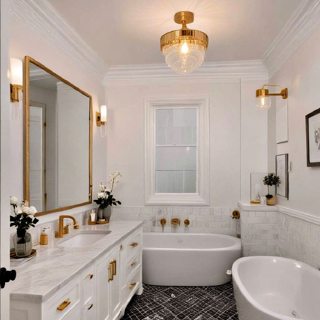 white ceiling with gold light fixtures