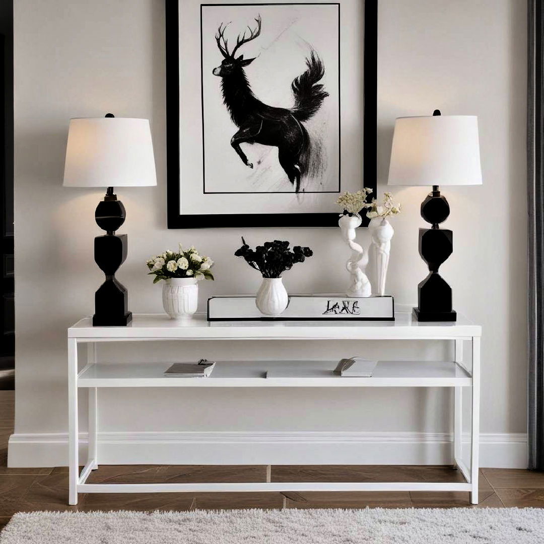 white console table with black decor