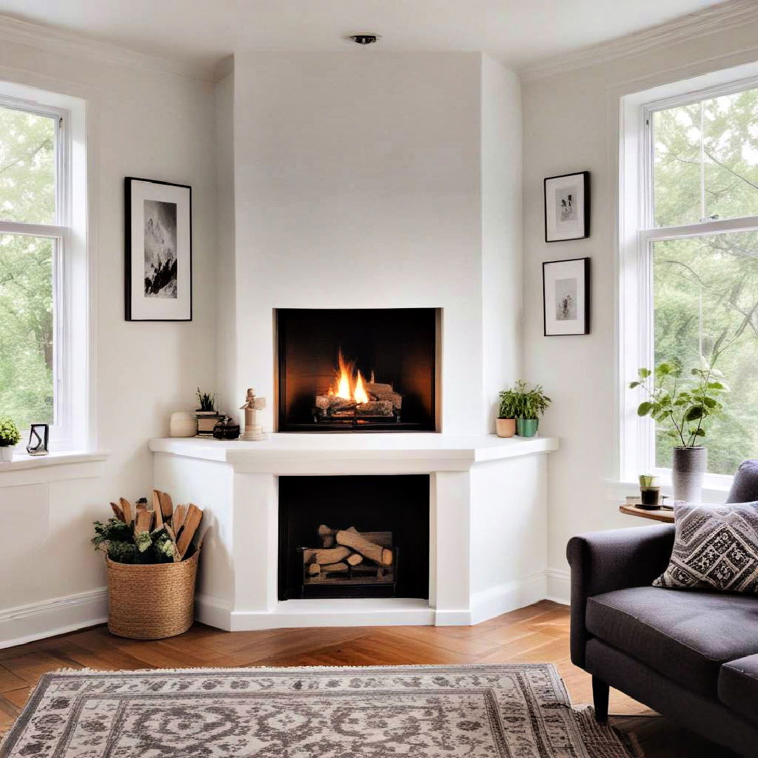 white corner fireplace