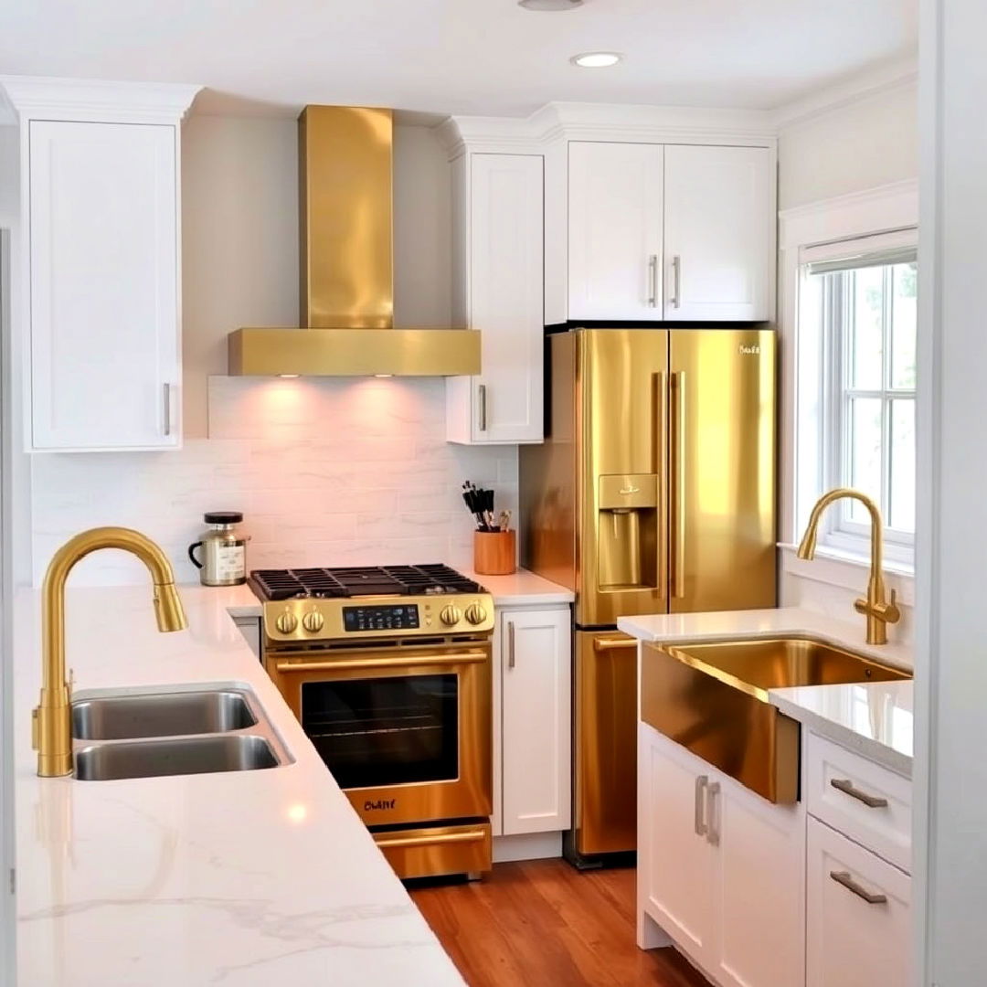 white countertops with gold appliances