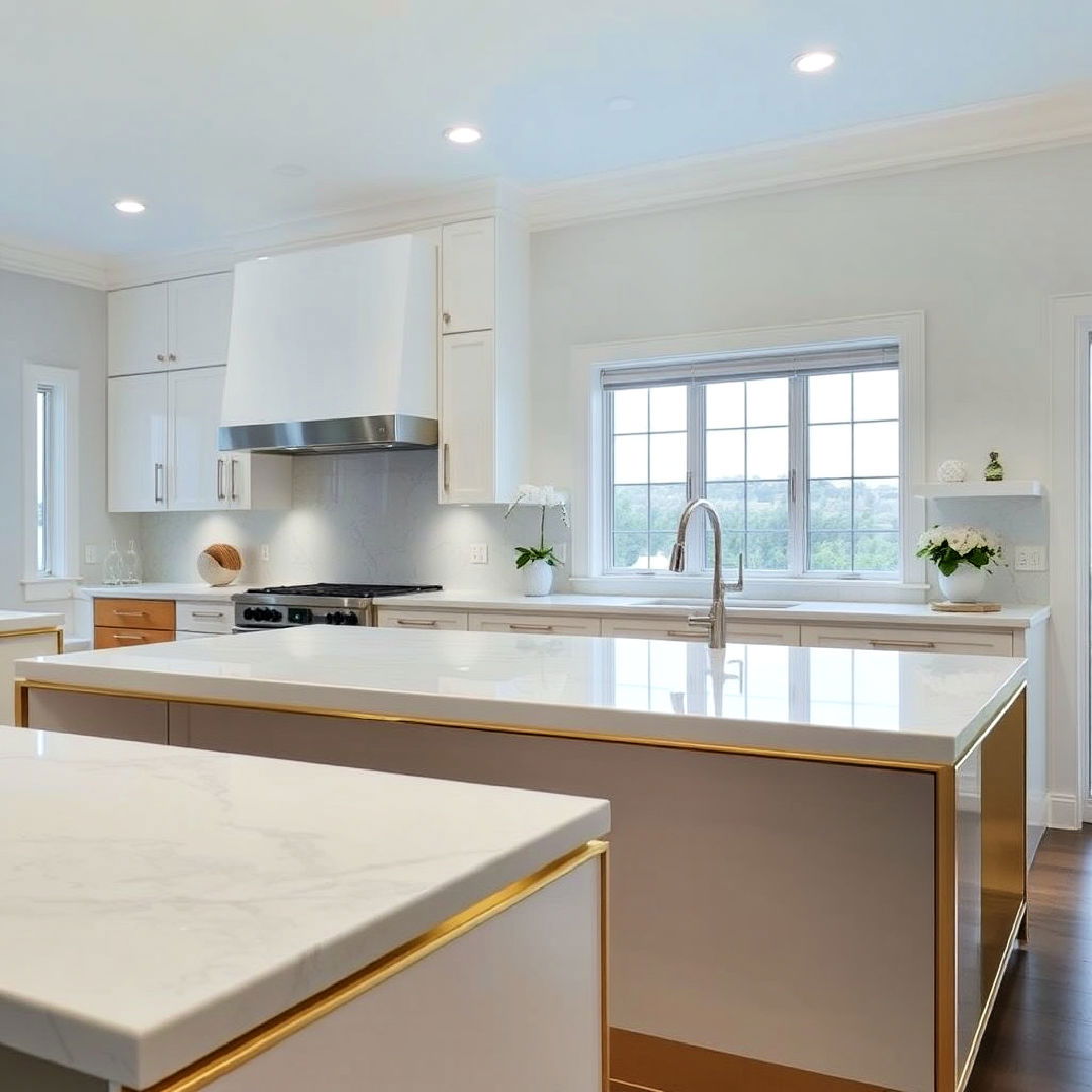 white countertops with gold edge trim