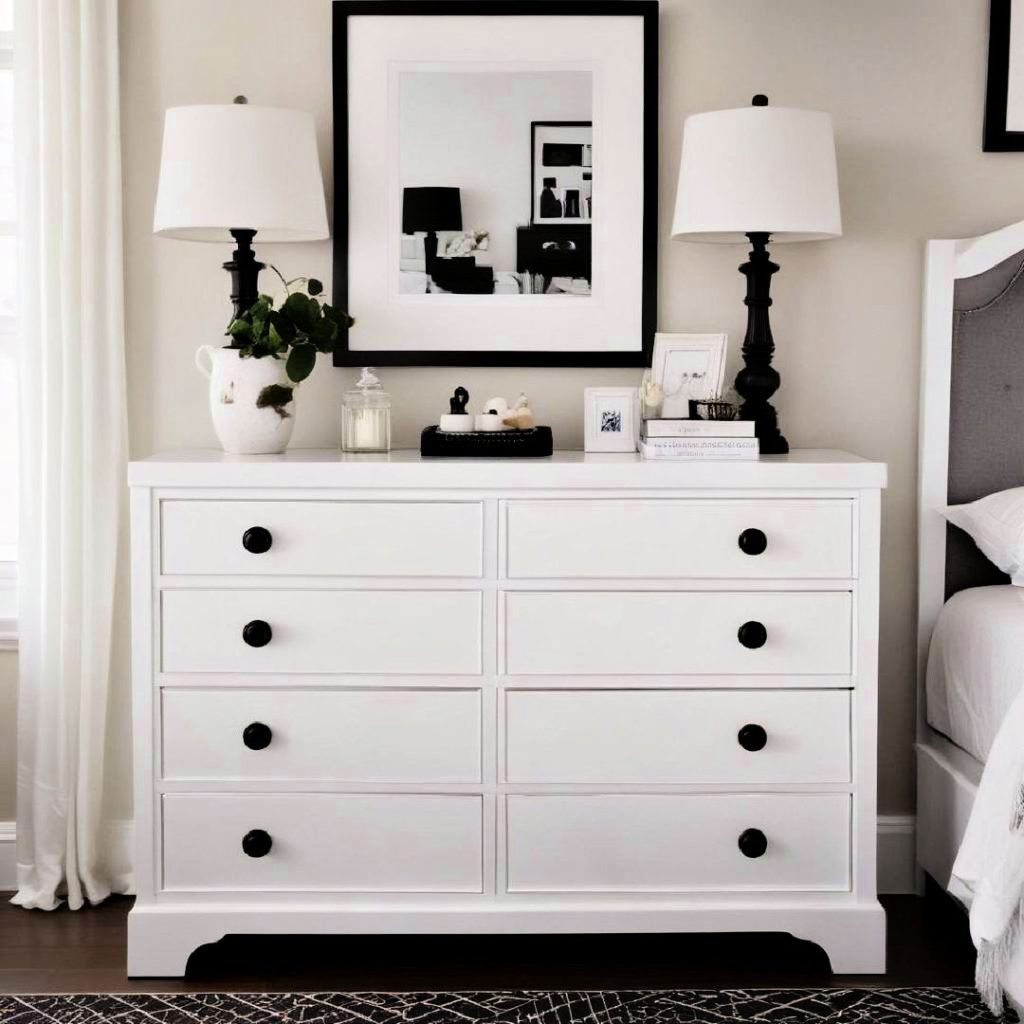 white dresser with black hardware