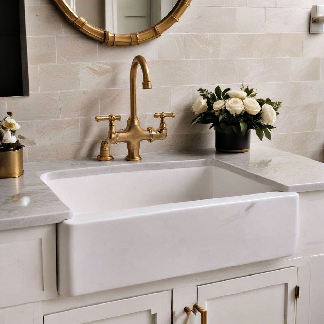 white farmhouse sink with gold faucet