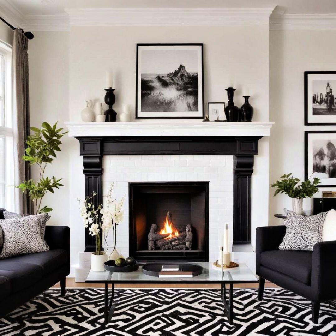 white fireplace with bold black accents