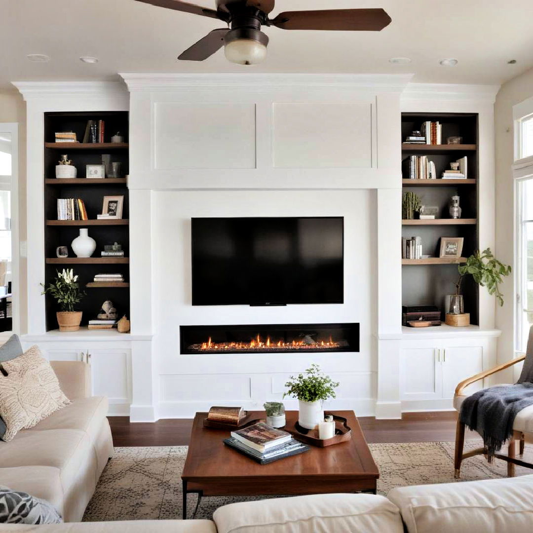 white fireplace with built in media center