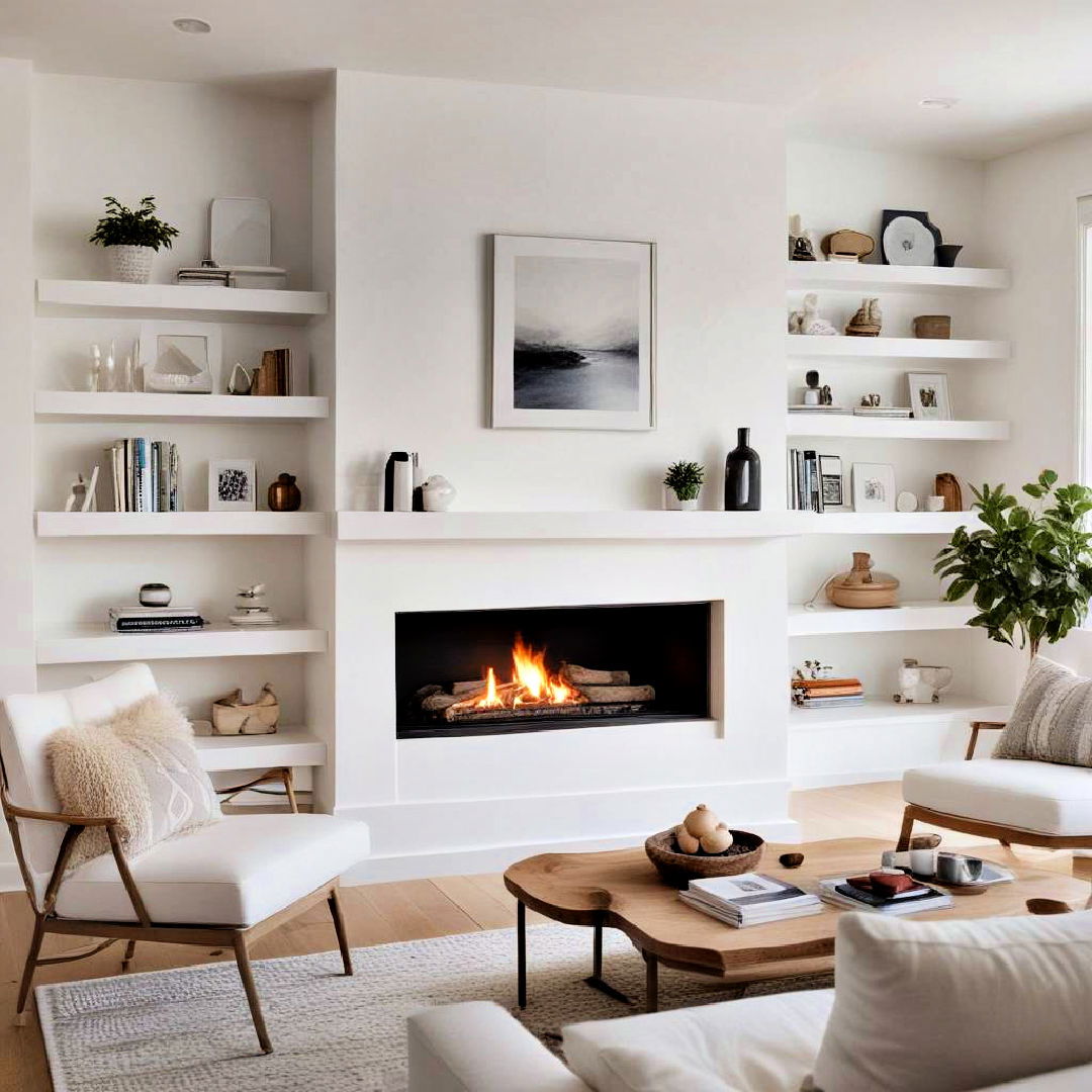 white fireplace with floating shelves