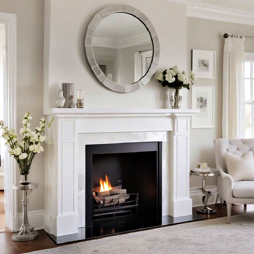 white fireplace with mirrored mantel